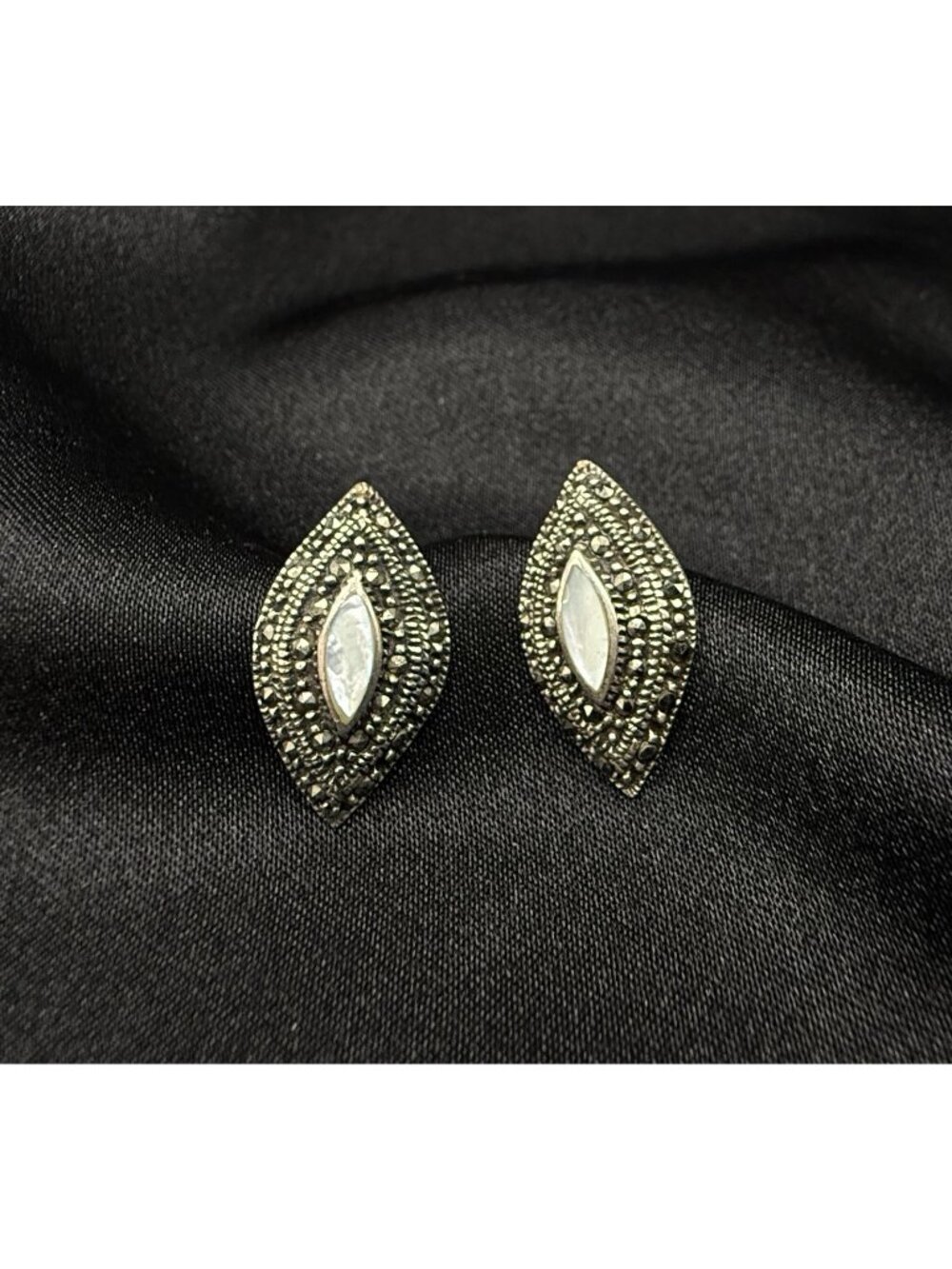 Vintage 1990s Mother Of Pearl & Marcasite 925 Sterling Silver Earrings Teardrop
